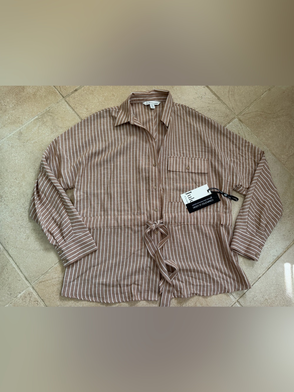 Jules & Leopold Tan and White Striped Button-Down Shirt with Waist Tie